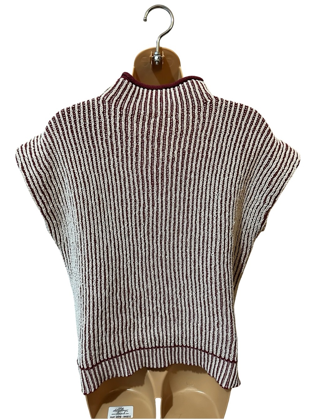 NewIn Striped Mock Neck Cap Sleeve Knit Top Fall Layering Burgundy Sweater L - Picture 3 of 7